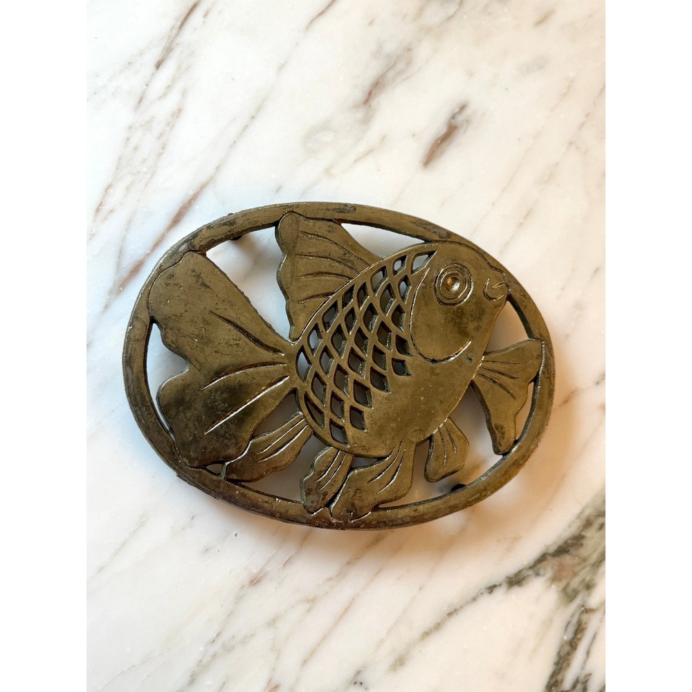 Vintage Brass Goldfish Trivet Oval Koi Fish Wall Hanging Decor Taiwan Patina